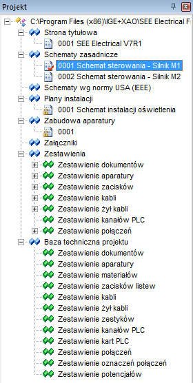 Projekt w SEE Electrical FREE zawiera stronę tytułową, schematy zasadnicze, plany instalacji oraz zabudowę aparatury.