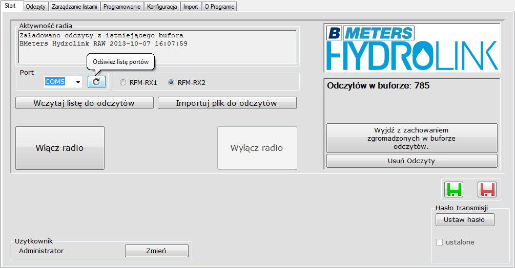 HYDROLINK Okno startowe programu HYDROLINK Oprogramowanie do odczytu