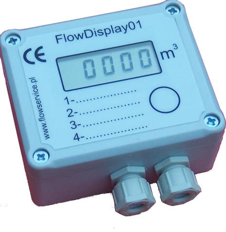 Przewodowa transmisja danych Dane techniczne FlowDisplay: Urządzenie służy do prezentacji na wyświetlaczu wskazania maksymalnie czterech wodomierzy. Dane wejściowe w formie impulsów.