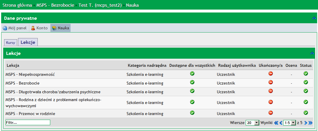 3.2.3. Nauka Ekran prezentuje pozycje szkoleniowe o typie Kurs i Lekcja.