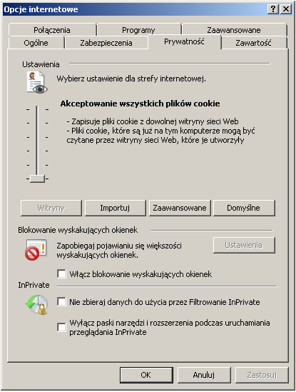 8. W sekcji Blokowanie wyskakujących okienek jest domyślnie zaznaczona opcja Włącz blokowanie wyskakujących okienek. Należy tą opcję odznaczyć, jak to jest pokazane na poniższym obrazku. 9.