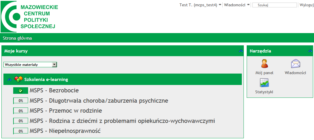 W tym przypadku uczestnik ukończył całe szkolenie MSPS Bezrobocie. Ukończone szkolenia będą niewidoczne jeżeli z rozwijanego menu nie wybierzemy opcji Wszystkie materiały. 2.