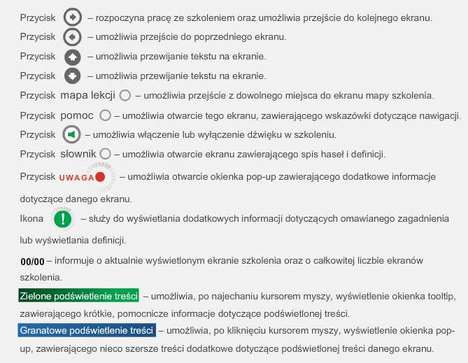 W każdym szkoleniu masz dostęp do ekranu pomocy, który opisuje elementy nawigacji wewnątrz szkolenia.