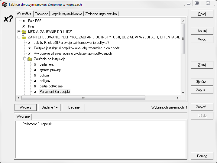 4 1 2 3 Dokładny opis okna patrz strona 9 (Tablice jednowymiarowe: Zmienne) Okno służy do wyboru zmiennych potrzebnych do analizy wartości wybranych zmiennych będą wyświetlone w WIERSZACH.