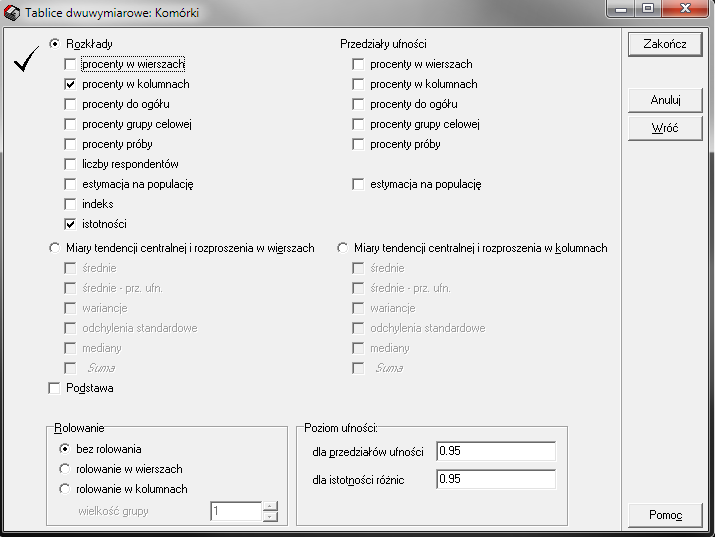 3 1 2 Dokładny opis okna patrz strona 10 (Tablice jednowymiarowe: Komórki) Przełącznik procenty w wierszach Określa, jaki odsetek wszystkich przypadków w wierszu stanowią przypadki w danej komórce.