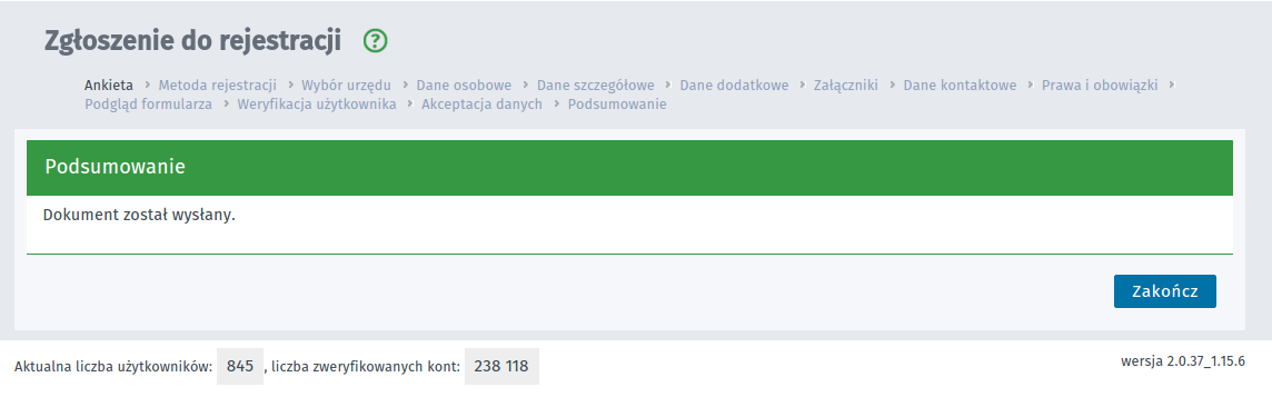 Krok 20: Znów wracamy do serwisu praca.gov.pl i tutaj czeka na nas niespodzianka - informacja o wysłaniu dokumentu.