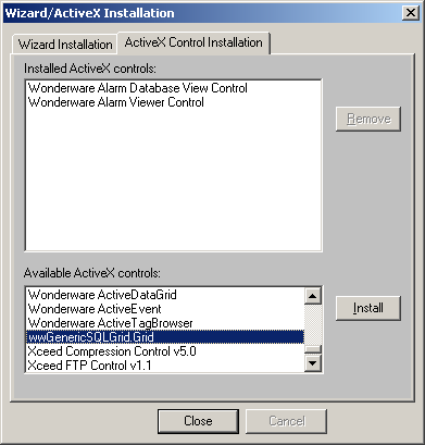 Wybrać przycisk Install, w celu zainstalowania obiektu ActiveX w programie WindowMaker. Program wwgenericsqlgrid.