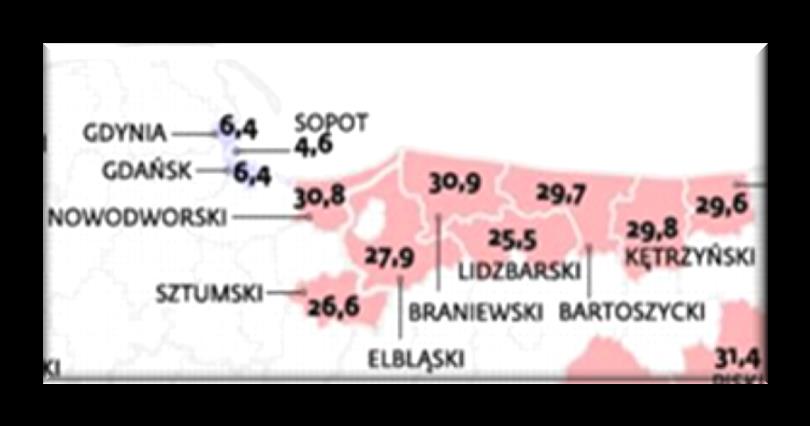 Powiaty o najwyższej i najniższej stopie bezrobocia w Polsce 64,82