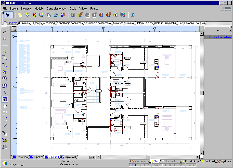 Lekcja 5: REHAU-Instal-san S 6.3.3. Narysowanie instalacji na piętrze Na kolejnych arkuszach roboczych piętro I i piętro II rysujemy instalację kanalizacyjną w sposób opisany w pkt. 6.3.1 oraz 6.3.2.