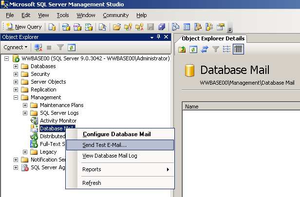 3. Testowanie wysyłania wiadomości mailowych W programie SQL Server Management Studio, po lewej stronie, w oknie Object Explorer naleŝy rozwinąć katalog Management, zaznaczyć pozycję Database Mail,