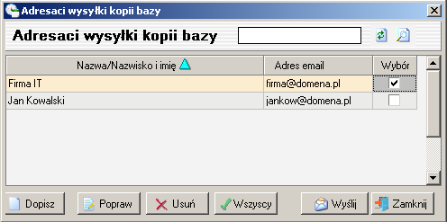 Kopia bazy danych Opcja służy do tworzenia kopii bieżącej bazy danych na lokalnym komputerze. Kopie są tworzone w postaci plików o nazwie PrzedszkoleRRRRMMDD_ggmm.