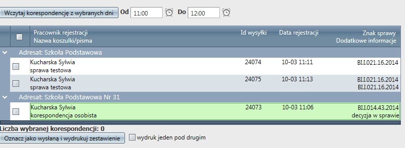 a) tytuł koszulki, z której realizowana jest korespondencja; b) sygnatura sprawy, z której realizowana jest wysyłka c) Id wysyłki generowane po zarejestrowaniu wysyłki przez pracownik prowadzącego