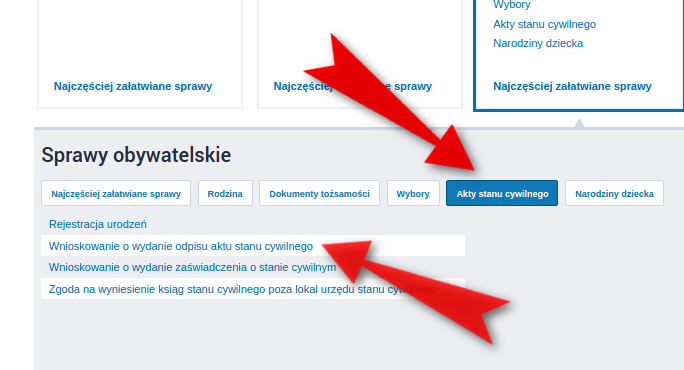 Krok 4: Rozwija się menu spraw. Jeszcze raz musimy wybrać pozycję Akty stanu cywilnego oraz Wnioskowanie o wydanie odpisu aktu stanu cywilnego Krok 5: Przechodzimy do karty sprawy.