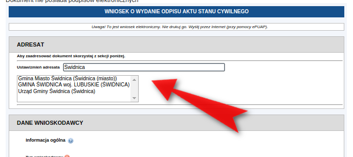 Krok 6: Wyświetla się formularz wniosku o wydanie odpisu aktu stanu cywilnego. Na początku musimy zaadresować dokument.