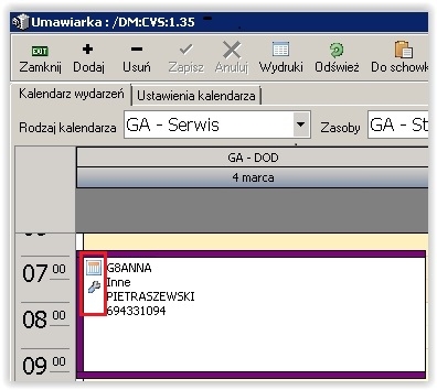 Ikonka listy wskazuje na powstanie z wpisu zamówienia odbiorcy, a ikonka klucza wskazuje że z tego wpisu powstało zlecenie naprawy.