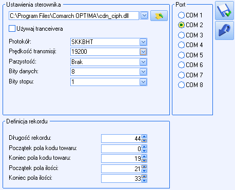 Ustawienie parametrów dla połączenia z kolektorem W programie Comarch ERP Optima, w Konfiguracji stanowiska/ Ogólne/ Kolektor w sekcji Ustawienia sterownika wybieramy sterownik Cipherlab (Rys. 5).