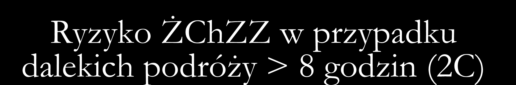 Ryzyko ŻChZZ w przypadku dalekich podróży > 8 godzin (2C) Oceń ryzyko: Czynna choroba nowotworowa Ciąża, stosowanie estrogenów Niedawno przebyta operacja lub uraz Trombofilia Znaczna otyłość