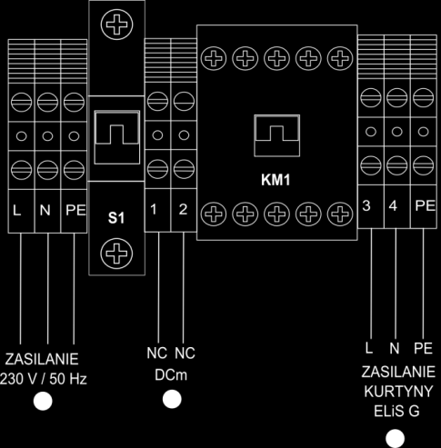 5.3. SCHEMATY ELEKTRYCZNE S3G zasilanie 230 V / 50 Hz (OMY 3x1,5 mm 2 ); czujnik drzwiowy DCm; zasilanie zaworu /zasilanie kurtyny (do każdego wejścia należy podłączyć tylko jedną kurtynę); termostat