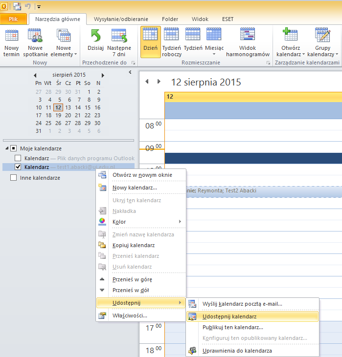 4. Udostępnienie kalendarzy Program Microsoft Exchange umożliwia nadawanie pełnomocnictwa. Dana osoba może tworzyć kopię programu Microsoft Outloock do zarządzania kalendarzem innej osoby.