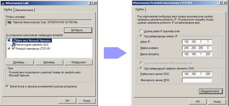 Przypisanie adresu sieciowego Konfiguracja połączenia sieciowego w systemie Microsoft Windows odbywa się poprzez nadanie