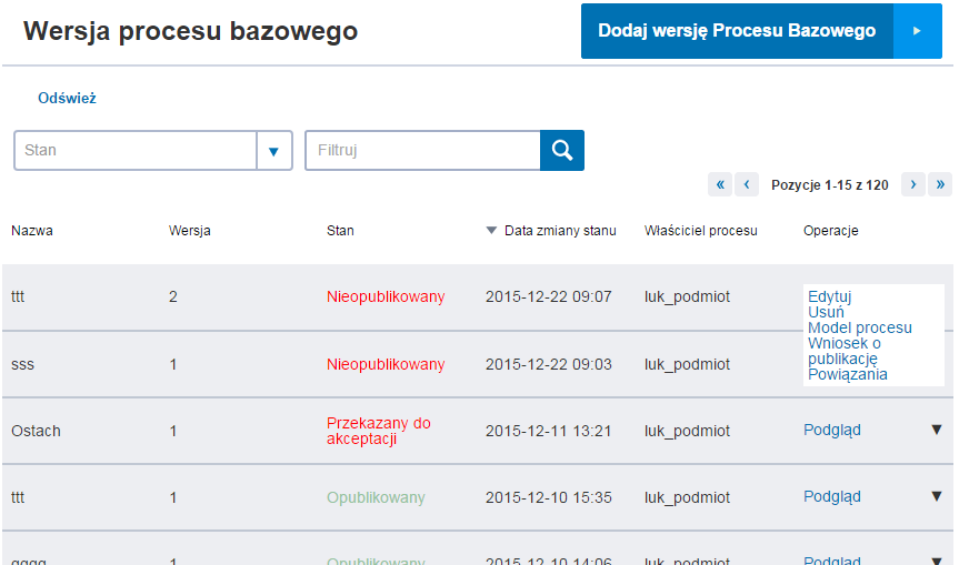 4.3.13 Publikacja procesu PB Zalogowany użytkownik z rolą Publikator PB E celu publikacji procesu muszą być spełnione poniższe warunki: Model procesu z poprawną weryfikacją modelu.