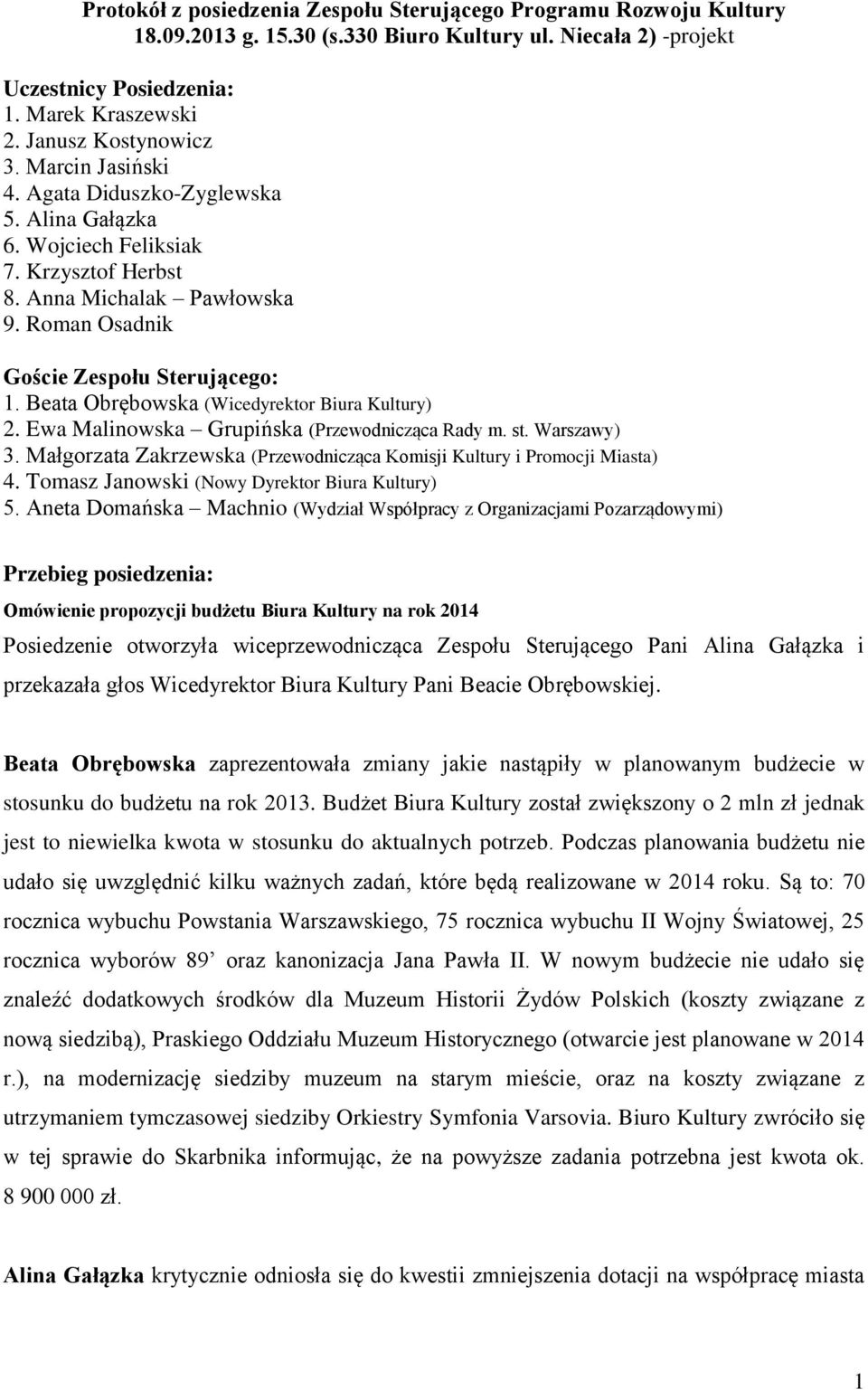 Beata Obrębowska (Wicedyrektor Biura Kultury) 2. Ewa Malinowska Grupińska (Przewodnicząca Rady m. st. Warszawy) 3. Małgorzata Zakrzewska (Przewodnicząca Komisji Kultury i Promocji Miasta) 4.
