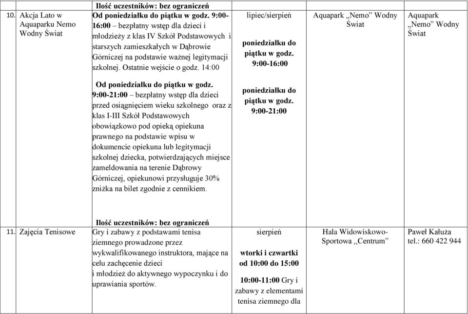 14:00 poniedziałku do piątku w godz. 9:00-16:00 Aquapark Nemo Wodny Świat Aquapark Nemo Wodny Świat Od poniedziałku do piątku w godz.