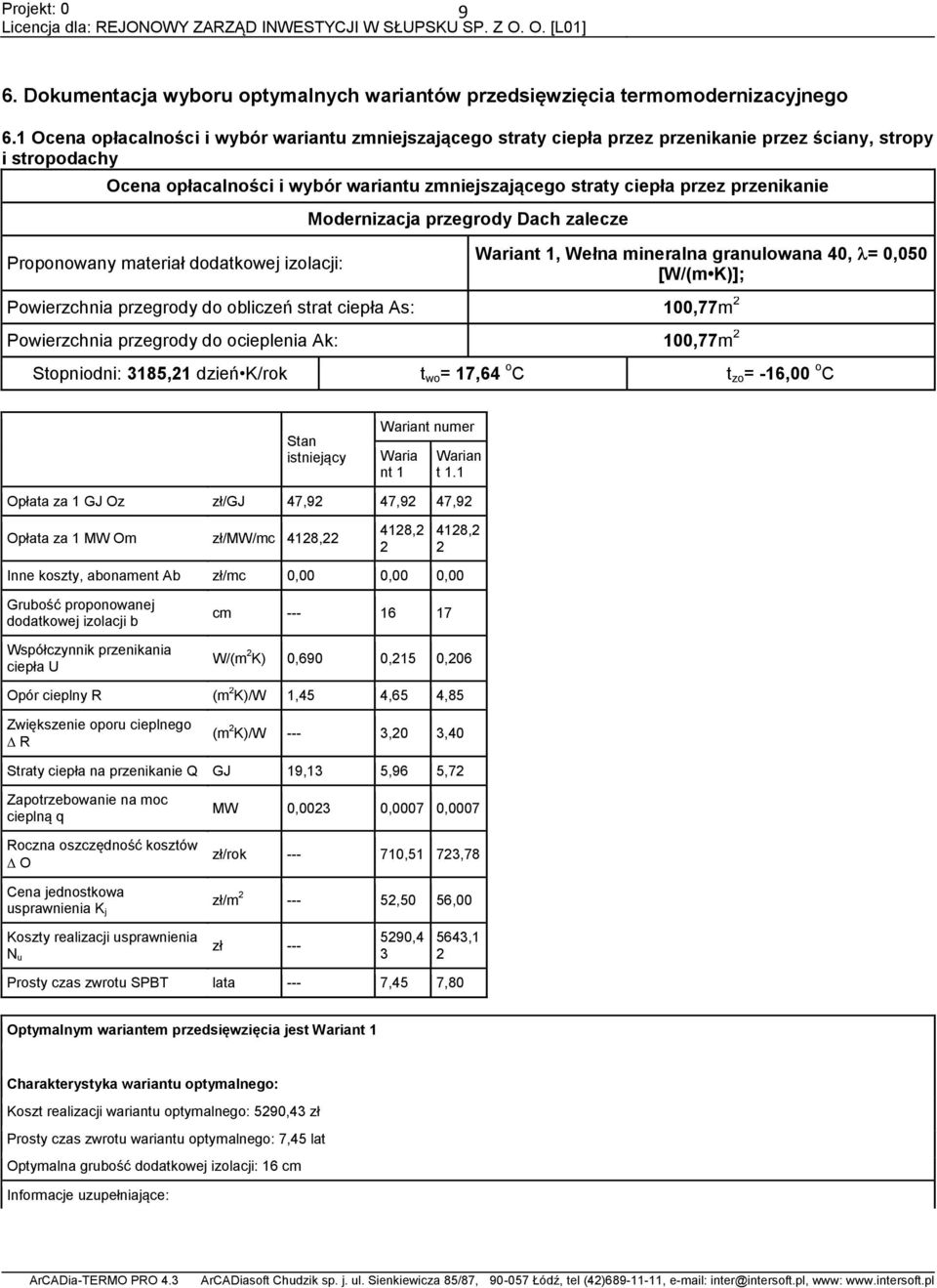 przenikanie Proponowany materiał dodatkowej izolacji: Modernizacja przegrody Dach zalecze Wariant 1, Wełna mineralna granulowana 4, =,5 [W/(m K)]; Powierzchnia przegrody do obliczeń strat ciepła As: