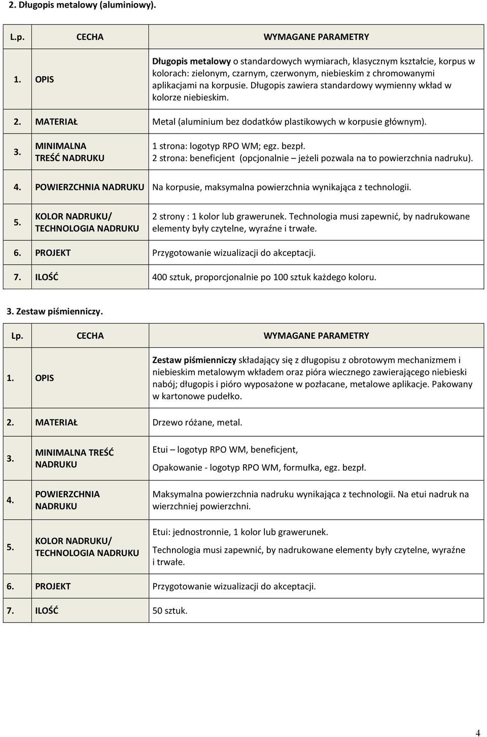 CECHA WYMAGANE PARAMETRY Długopis metalowy o standardowych wymiarach, klasycznym kształcie, korpus w kolorach: zielonym, czarnym, czerwonym, niebieskim z chromowanymi aplikacjami na korpusie.