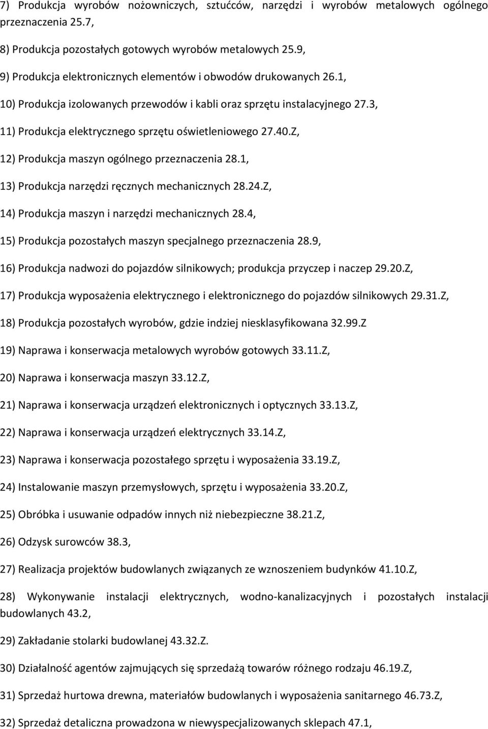 3, 11) Produkcja elektrycznego sprzętu oświetleniowego 27.40.Z, 12) Produkcja maszyn ogólnego przeznaczenia 28.1, 13) Produkcja narzędzi ręcznych mechanicznych 28.24.