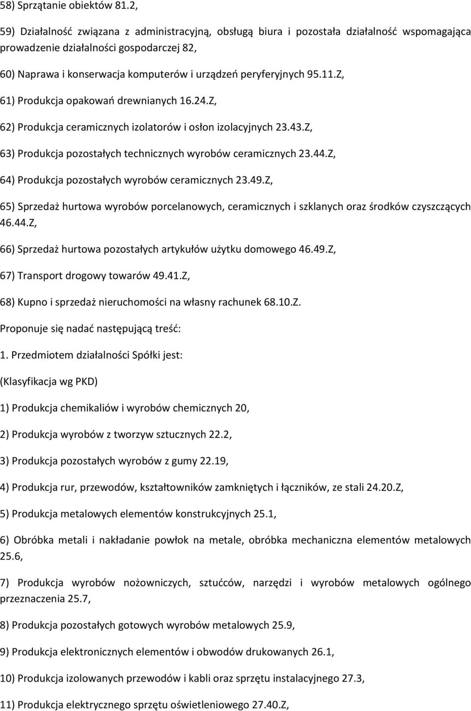 peryferyjnych 95.11.Z, 61) Produkcja opakowań drewnianych 16.24.Z, 62) Produkcja ceramicznych izolatorów i osłon izolacyjnych 23.43.Z, 63) Produkcja pozostałych technicznych wyrobów ceramicznych 23.