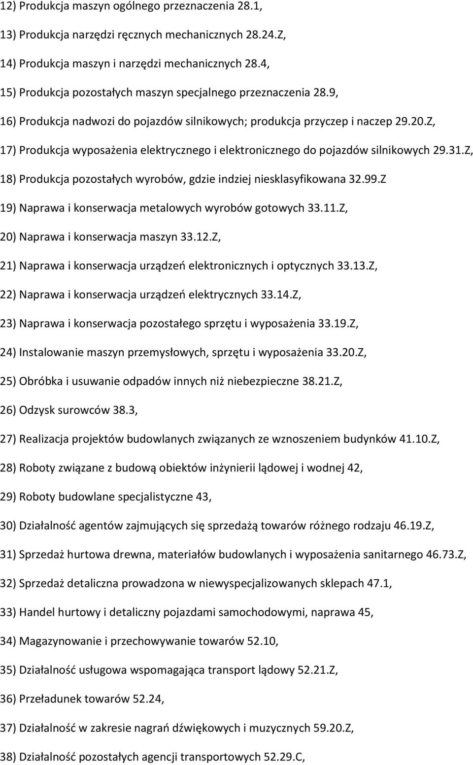 Z, 17) Produkcja wyposażenia elektrycznego i elektronicznego do pojazdów silnikowych 29.31.Z, 18) Produkcja pozostałych wyrobów, gdzie indziej niesklasyfikowana 32.99.