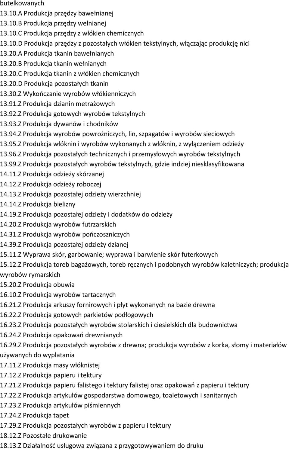 Z Wykooczanie wyrobów włókienniczych 13.91.Z Produkcja dzianin metrażowych 13.92.Z Produkcja gotowych wyrobów tekstylnych 13.93.Z Produkcja dywanów i chodników 13.94.