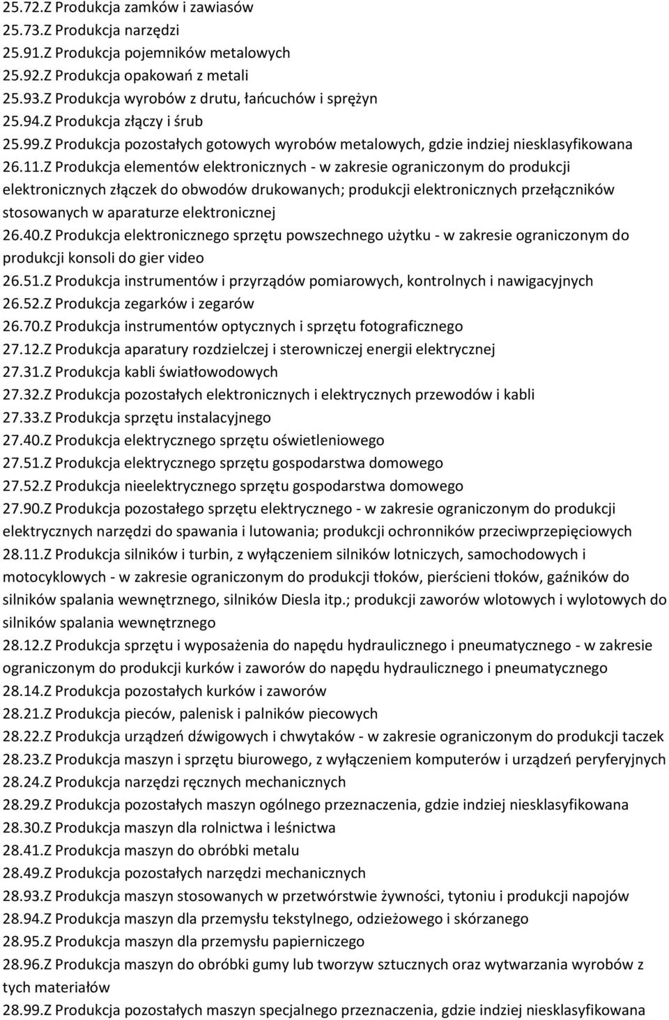 Z Produkcja elementów elektronicznych - w zakresie ograniczonym do produkcji elektronicznych złączek do obwodów drukowanych; produkcji elektronicznych przełączników stosowanych w aparaturze