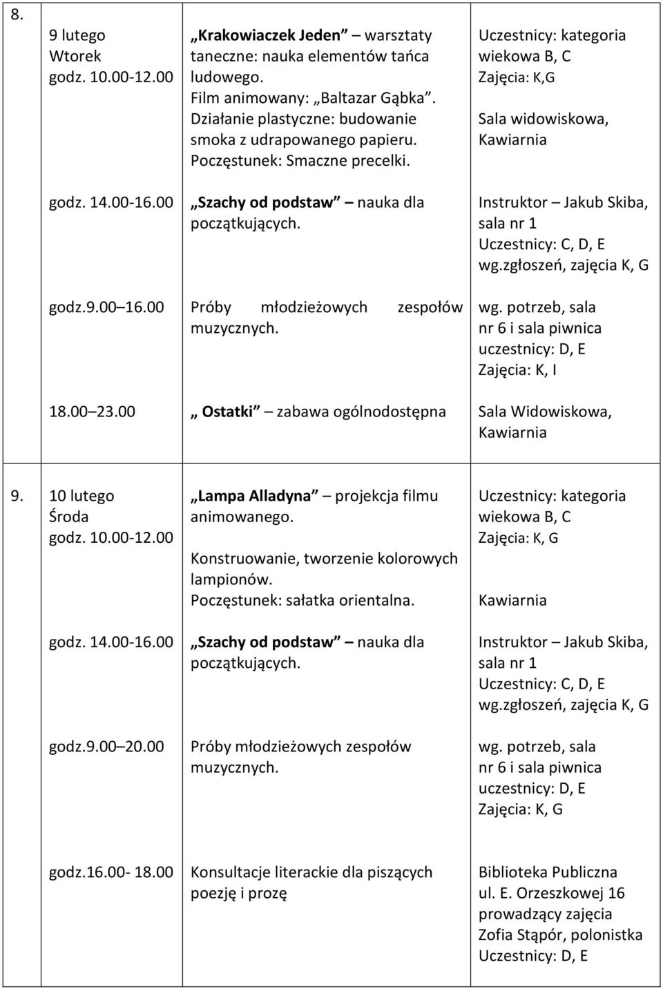 00 Ostatki zabawa ogólnodostępna Sala Widowiskowa, 9. 10 lutego Środa Lampa Alladyna projekcja filmu animowanego.