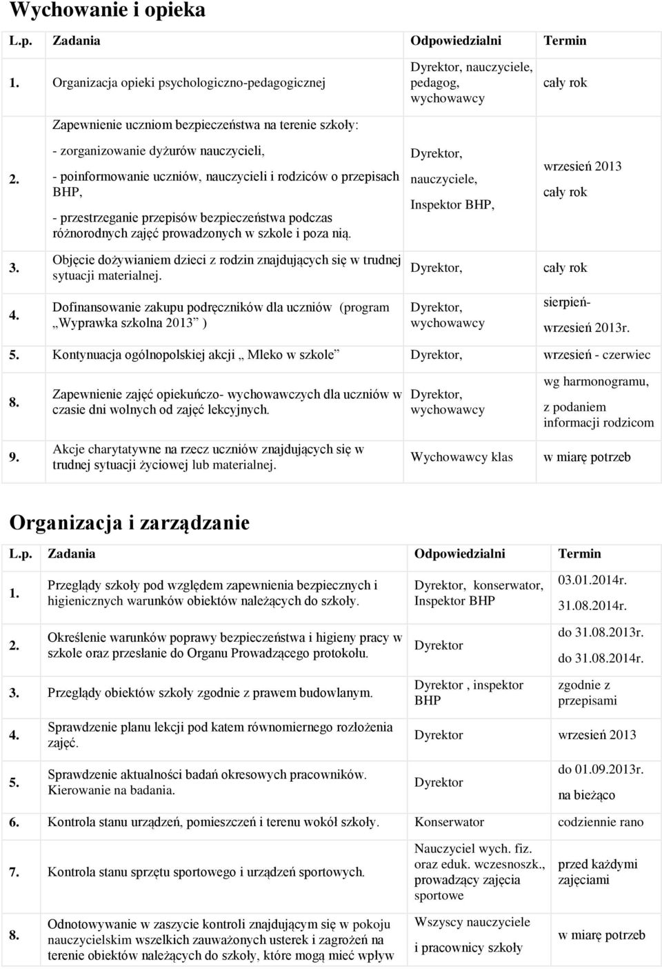 uczniów, nauczycieli i rodziców o przepisach BHP, - przestrzeganie przepisów bezpieczeństwa podczas różnorodnych zajęć prowadzonych w szkole i poza nią.