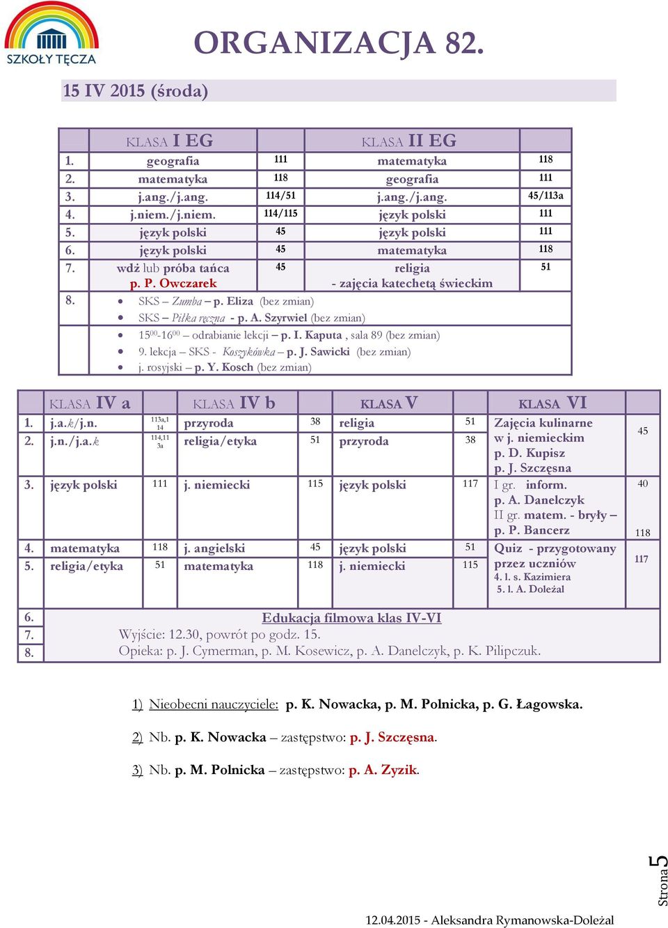 Eliza (bez zmian) SKS Piłka ręczna - p. A. Szyrwiel (bez zmian) 15 00-16 00 odrabianie lekcji p. I. Kaputa, sala 89 (bez zmian) 9. lekcja SKS - Koszykówka p. J. Sawicki (bez zmian) j. rosyjski p. Y.