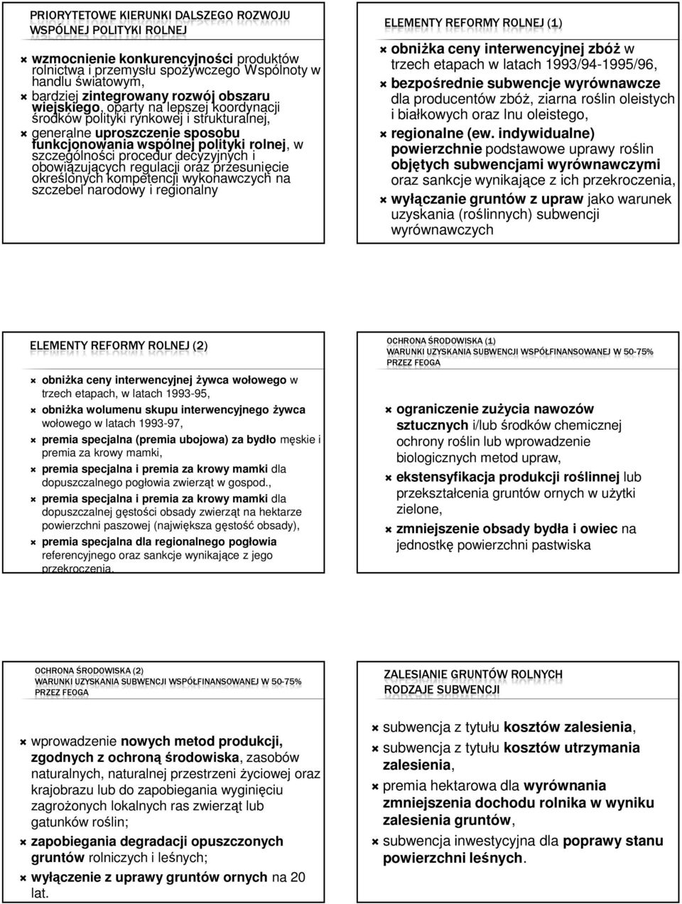 decyzyjnych i obowiązujących regulacji oraz przesunięcie określonych kompetencji wykonawczych na szczebel narodowy i regionalny ELEMENTY REFORMY ROLNEJ (1) obniżka ceny interwencyjnej zbóż w trzech
