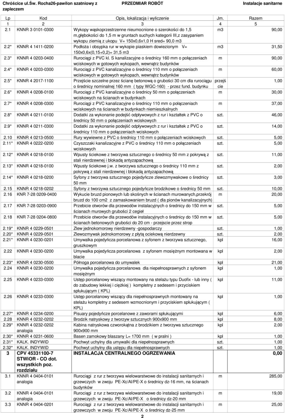 S kanalizacyjne o średnicy 160 mm o połączeniach m 90,00 wciskowych w gotowych wykopach, wewnątrz budynków 2.