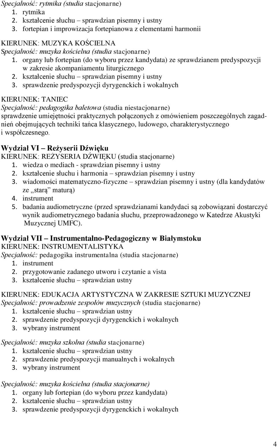 organy lub fortepian (do wyboru przez kandydata) ze sprawdzianem predyspozycji w zakresie akompaniamentu liturgicznego 2. kształcenie słuchu sprawdzian pisemny i ustny 3.