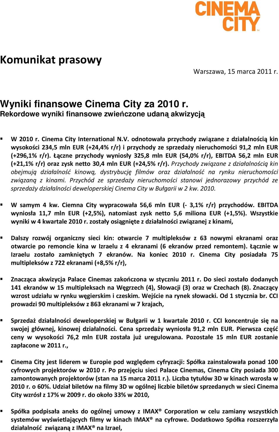Łączne przychody wyniosły 325,8 mln EUR (54,0% r/r), EBITDA 56,2 mln EUR (+21,1% r/r) oraz zysk netto 30,4 mln EUR (+24,5% r/r).