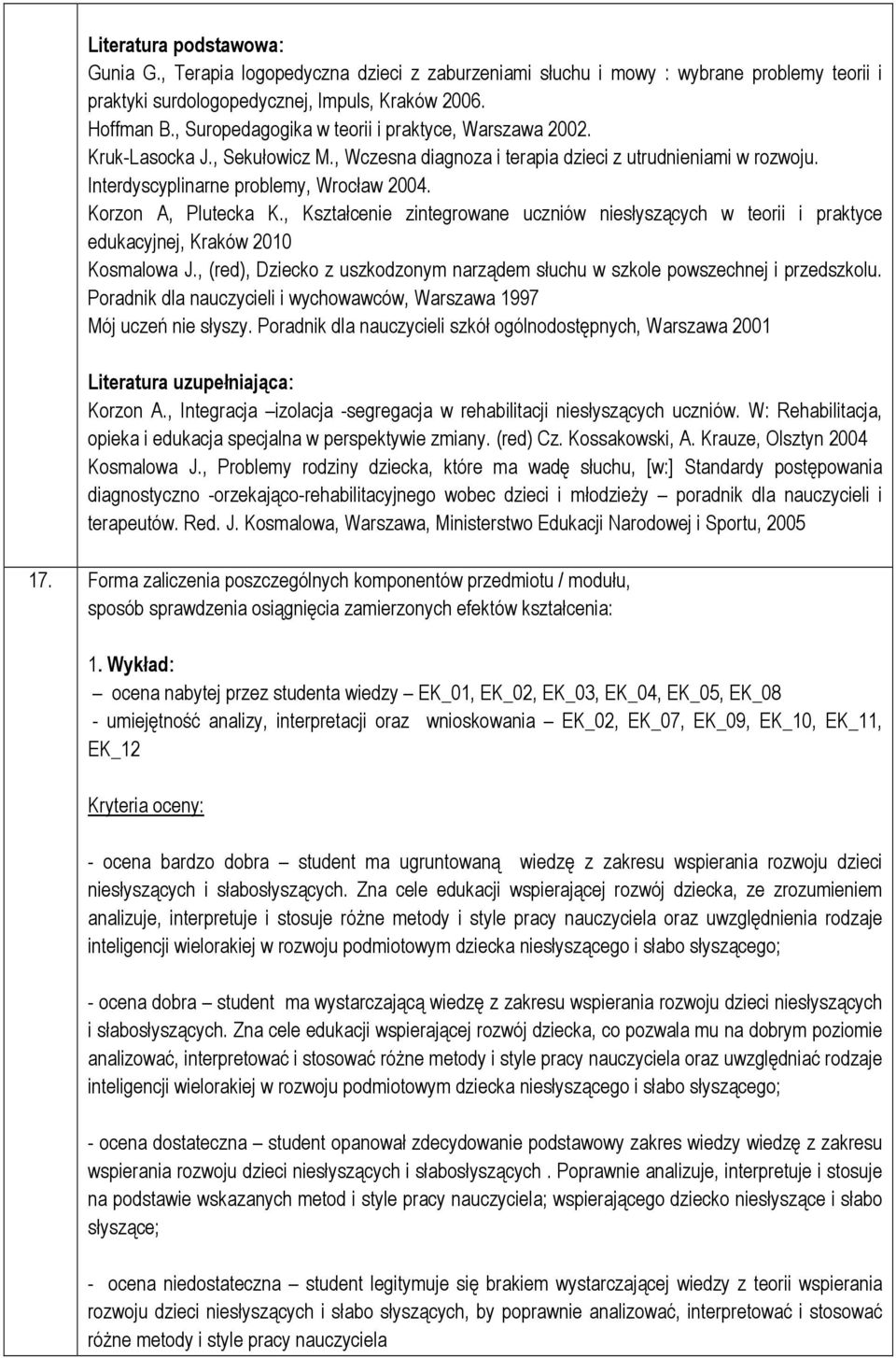 Korzon A, Plutecka K., Kształcenie zintegrowane uczniów niesłyszących w teorii i praktyce edukacyjnej, Kraków 2010 Kosmalowa J.