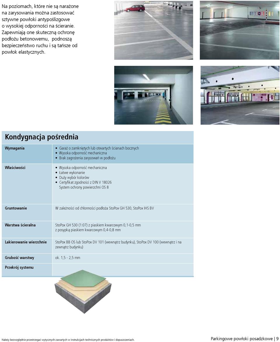 Kondygnacja pośrednia Wymagania Właściwości Garaż o zamkniętych lub otwartych ścianach bocznych Wysoka odporność mechaniczna Brak zagrożenia zarysowań w podłożu Wysoka odporność mechaniczna Łatwe