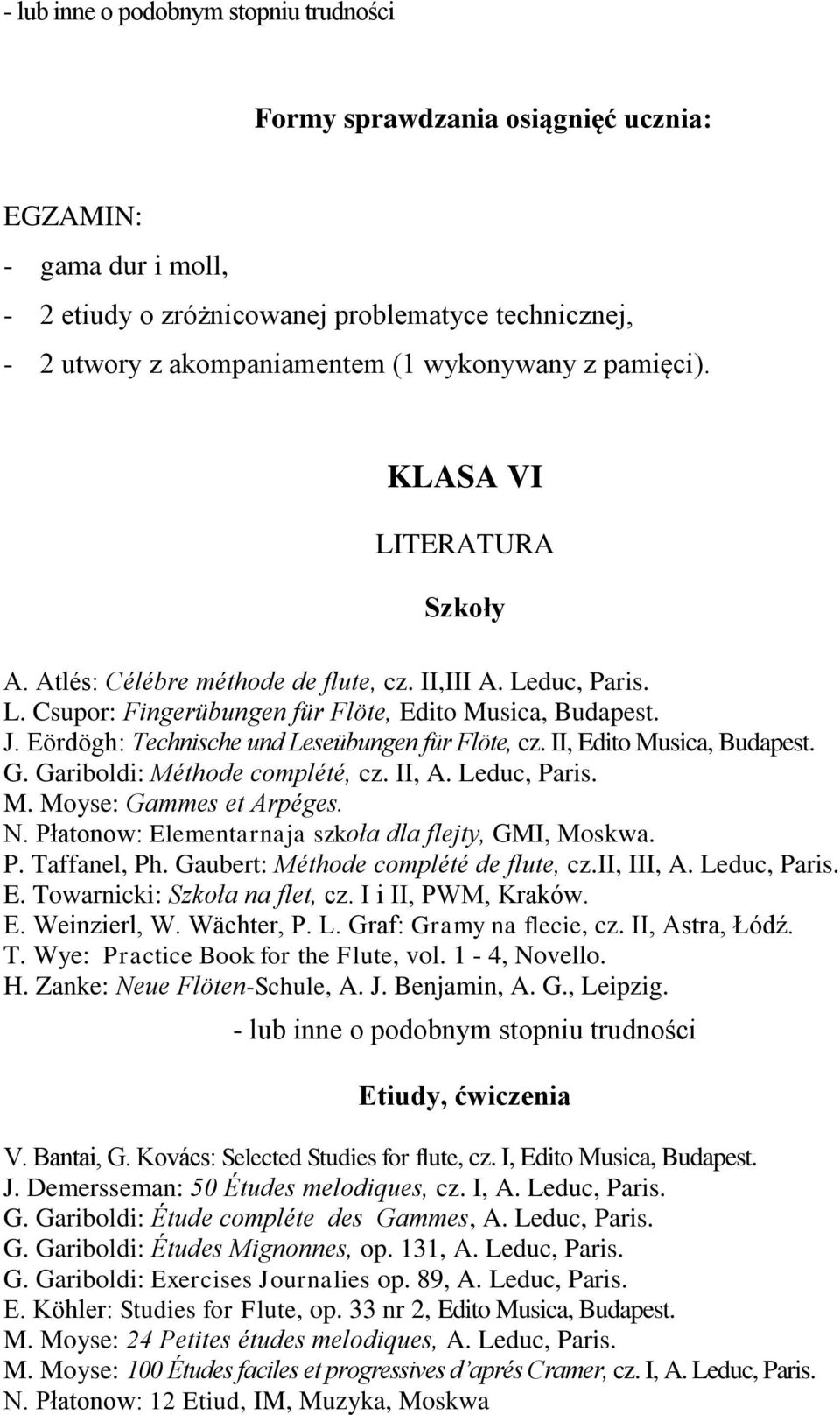 Eördögh: Technische und Leseübungen für Flöte, cz. II, Edito Musica, Budapest. G. Gariboldi: Méthode complété, cz. II, A. Leduc, Paris. M. Moyse: Gammes et Arpéges. N.