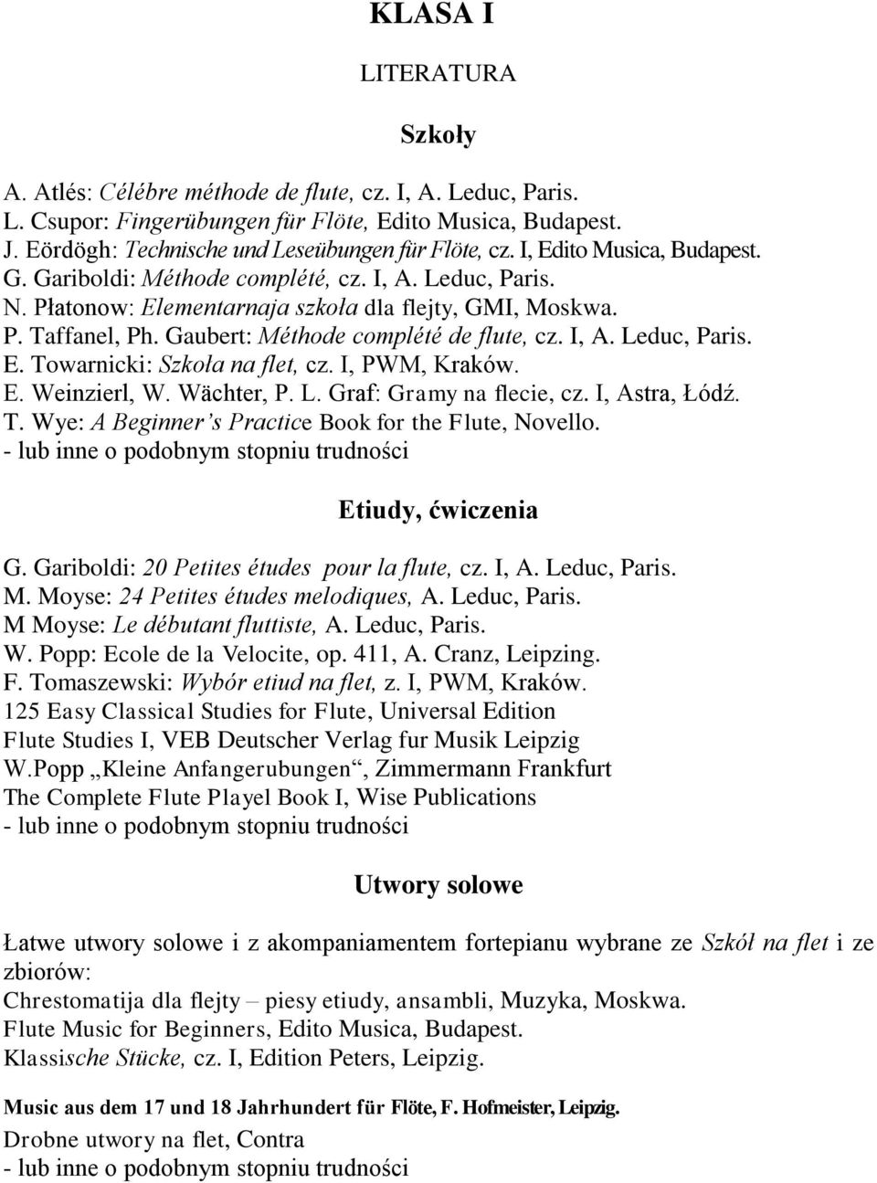 I, A. Leduc, Paris. E. Towarnicki: Szkoła na flet, cz. I, PWM, Kraków. E. Weinzierl, W. Wächter, P. L. Graf: Gramy na flecie, cz. I, Astra, Łódź. T. Wye: A Beginner s Practice Book for the Flute, Novello.