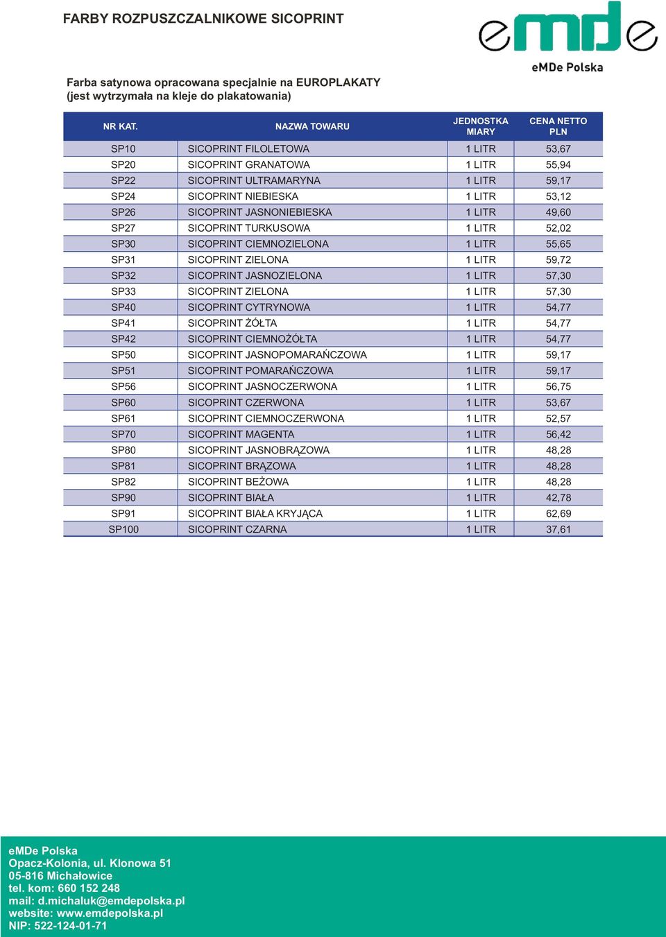 LITR 55,65 SP31 SICOPRINT ZIELONA 1 LITR 59,72 SP32 SICOPRINT JASNOZIELONA 1 LITR 57,30 SP33 SICOPRINT ZIELONA 1 LITR 57,30 SP40 SICOPRINT CYTRYNOWA 1 LITR 54,77 SP41 SICOPRINT ŻÓŁTA 1 LITR 54,77