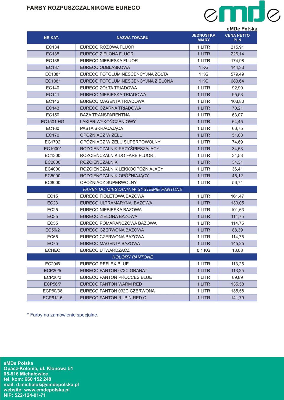 MAGENTA TRIADOWA 1 LITR 103,80 EC143 EURECO CZARNA TRIADOWA 1 LITR 70,21 EC150 BAZA TRANSPARENTNA 1 LITR 63,07 EC1501 HG LAKIER WYKOŃCZENIOWY 1 LITR 64,45 EC160 PASTA SKRACAJĄCA 1 LITR 66,75 EC170