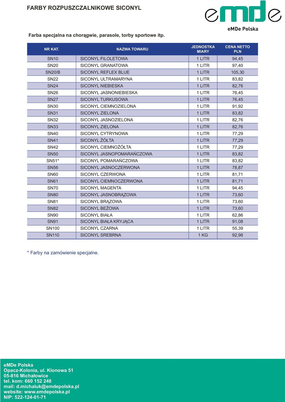 SICONYL JASNONIEBIESKA 1 LITR 76,45 SN27 SICONYL TURKUSOWA 1 LITR 76,45 SN30 SICONYL CIEMNOZIELONA 1 LITR 91,92 SN31 SICONYL ZIELONA 1 LITR 83,82 SN32 SICONYL JASNOZIELONA 1 LITR 82,76 SN33 SICONYL