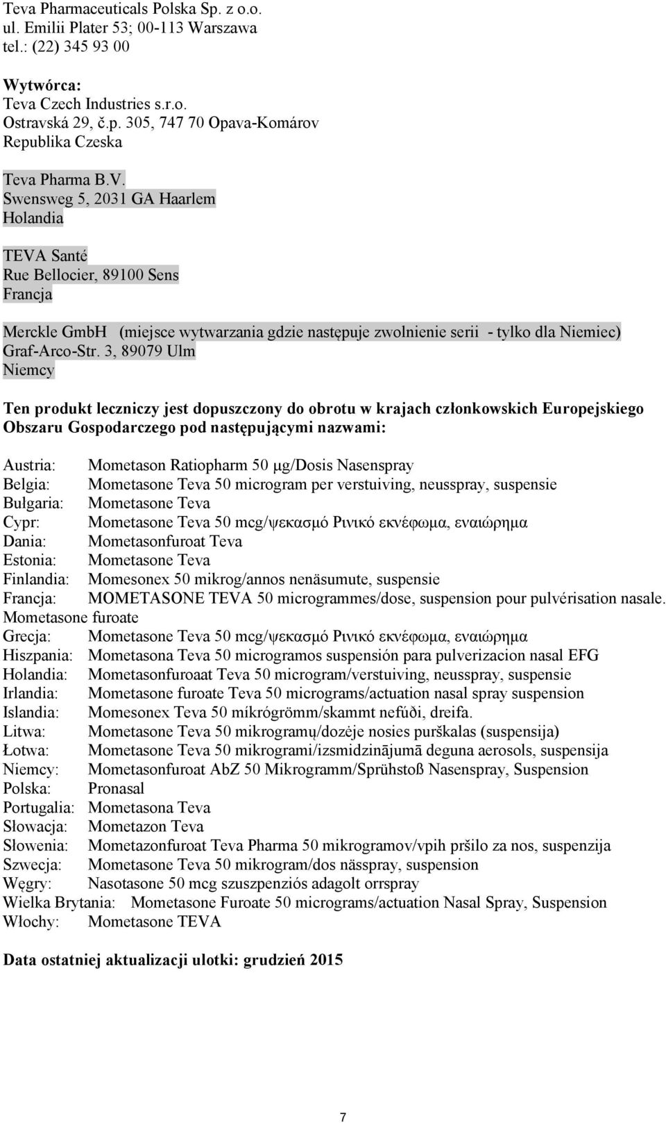 3, 89079 Ulm Niemcy Ten produkt leczniczy jest dopuszczony do obrotu w krajach członkowskich Europejskiego Obszaru Gospodarczego pod następującymi nazwami: Austria: Mometason Ratiopharm 50 µg/dosis