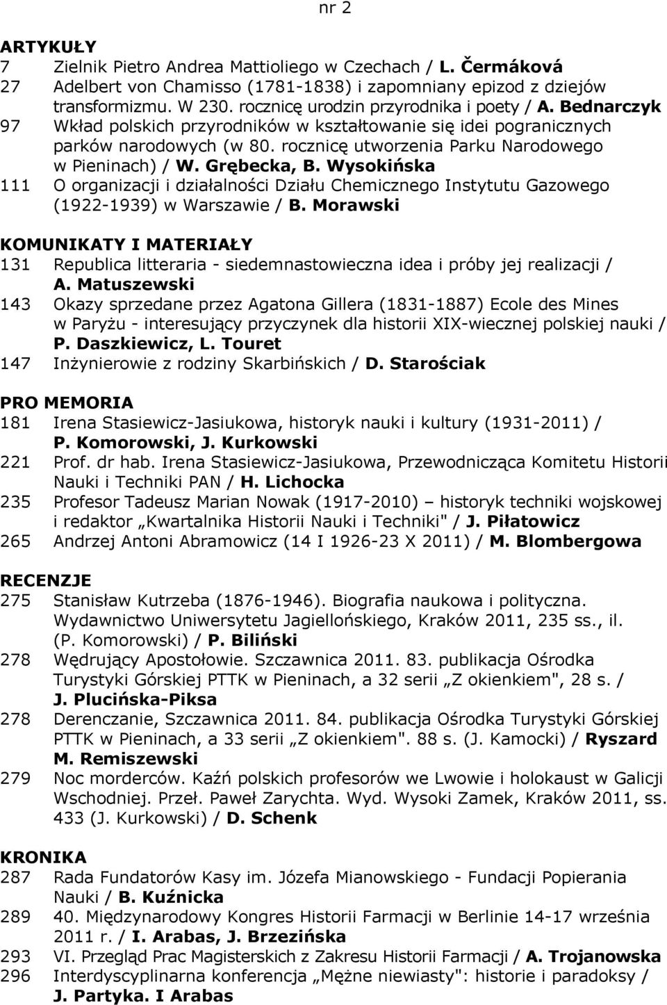 Wysokińska 111 O organizacji i działalności Działu Chemicznego Instytutu Gazowego (1922-1939) w Warszawie / B. Morawski 131 Republica litteraria - siedemnastowieczna idea i próby jej realizacji / A.